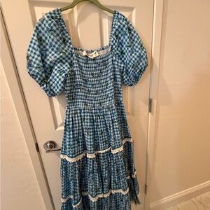 JessaKae Blue and White Gingham Puff Sleeve Tiered Dress